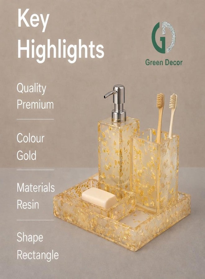 Green Decor Delux Resin Bathroom Accessories Set of 4 | Modern Bath Set with Tray, Liquid Soap Dispenser, Tooth Brush Holder & Soap Tray Luxury Gift Accessory Set with Stone Texture | Gold - Image 3